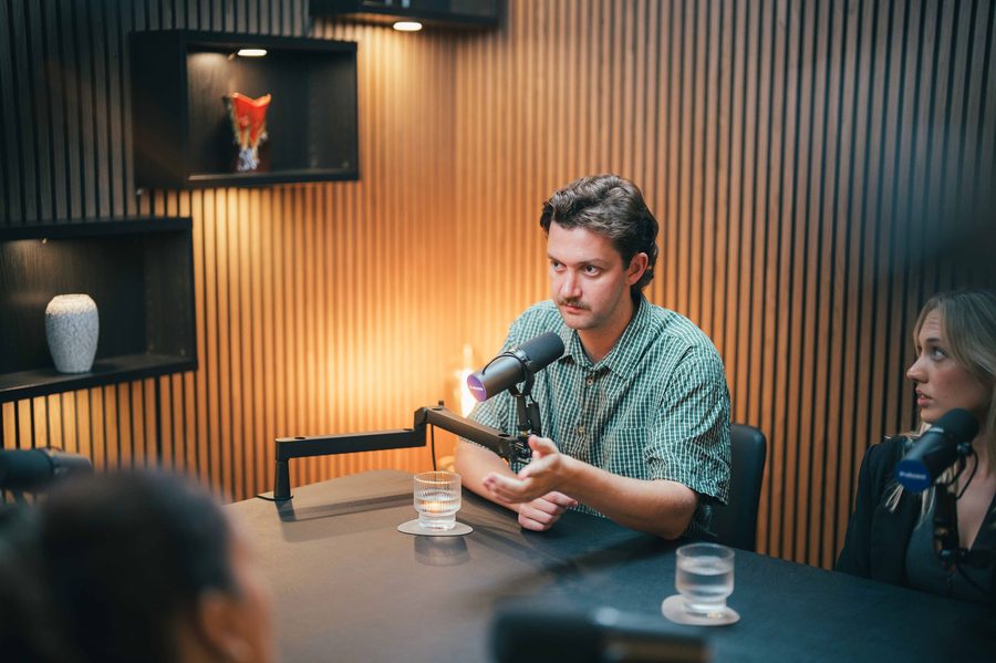 University student editing a podcast